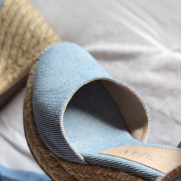 Stuart Weitzman Light Blue Denim Espadrille Wedge Sandals with Ankle Wraps - Picture 7 of 8
